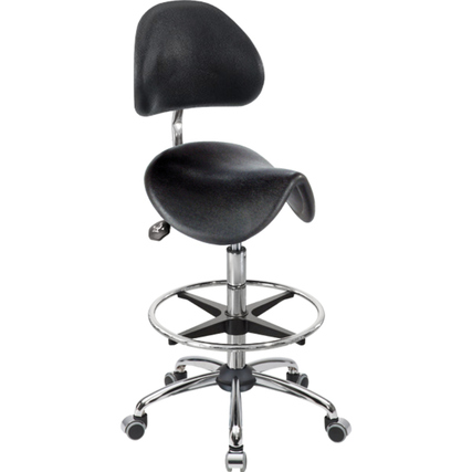 Schwarzer ergonomischer Sitzhocker mit Rollen, drehbarem Sitz und pendelnd gelagerter Rückenlehne.