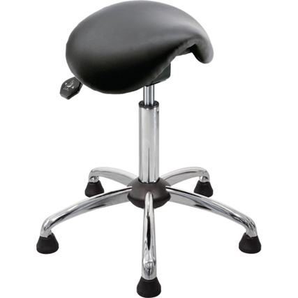 Schwarzer ergonomischer Sitzhocker mit drehbarem Sitz und höhenverstellbarem Gestell.