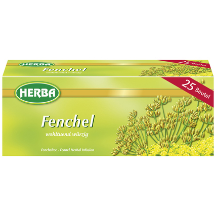 Tee-Packung mit Fenchelgeschmack, zeigt 25 Teebeutel und eine Fenchelblüte im Hintergrund.
