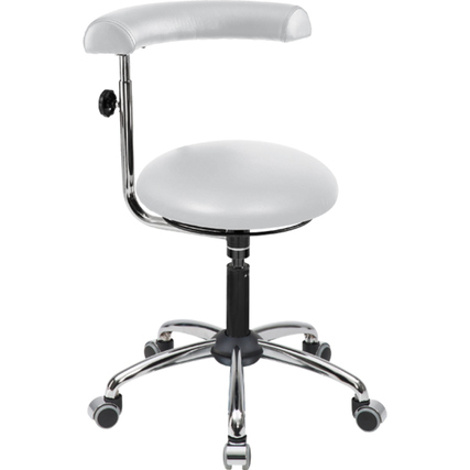 Weißer Sitzhocker mit Rollen, drehbarem Sitz und Armlehne, höhenverstellbar.