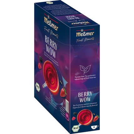 Pappschachtel mit 15 Teebeuteln der Sorte "Berry Wow" von Meßmer in Bio-Qualität.