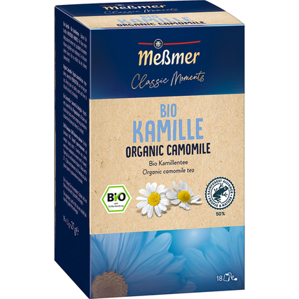 Kartonverpackung von Meßmer Bio Kamille Tee mit Kamille und Bio-Siegel.