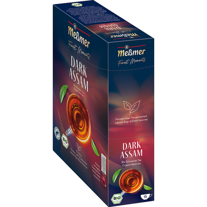 Schachtel mit 15 Beuteln von BIO Dark Assam Tee in einer dekorativen Verpackung.