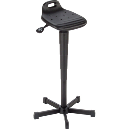 Schwarze Stehhilfe mit ergonomischem Sitz und höhenverstellbarem Fuß, geeignet für längeres Stehen.