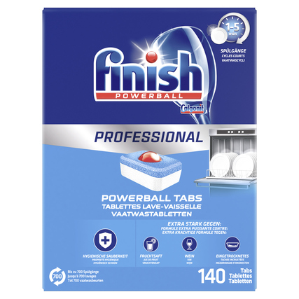 Spülmaschinentabs in Verpackung mit Angaben zu Inhalt und Anwendung.
