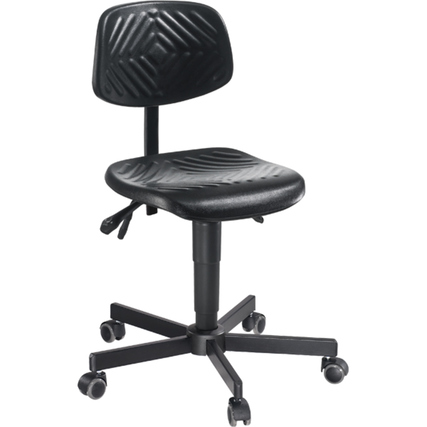 Schwarzer Arbeitsdrehstuhl mit verstellbarem Sitz und Rückenlehne auf fünf Rollen.