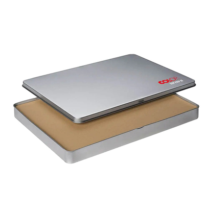 Metallisches Stempelkissen mit abnehmbarem Deckel und Filzeinlage in neutralem Design.