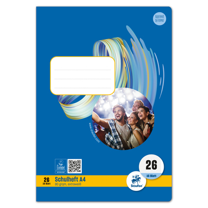 Blaues Schulheft im A4-Format mit Karos und Rand, 26 Blätter und abgerundeter Ecke.