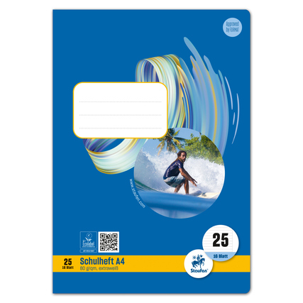 Blaues Schulheft im DIN A4-Format mit liniertem Papier und einem Surf-Motiv auf dem Cover.