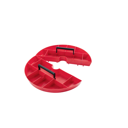 Rote Toolbox mit mehreren Fächern und zwei schwarzen Griffen.