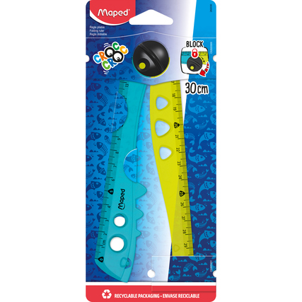 Faltbares, krokodilförmiges Lineal in blauer und gelber Farbe, 30 cm lang, verpackt.