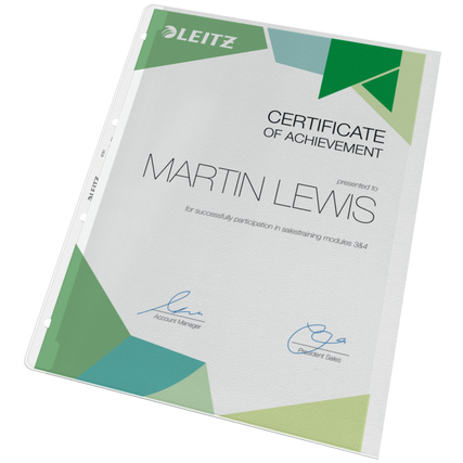 Prospekthülle mit Dokument und Zertifikat in mattem Design, links offen für leichten Zugriff.