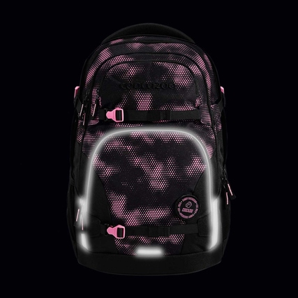 Schulrucksack PORTER in Pink und Schwarz mit reflektierenden Elementen und mehreren Fächern.