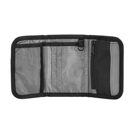 Geldbörse mit mehreren Fächern, Sichtfenstern und einem Reißverschlussfach in geöffnetem Zustand.
