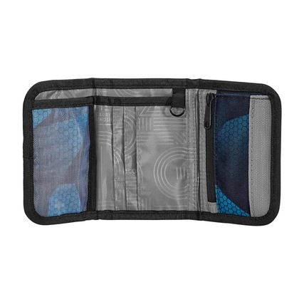 Geldbörse in geöffneter Ansicht mit Fächern für Karten, Geld und ein Münzfach.