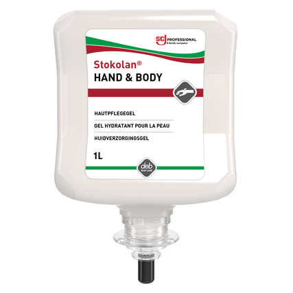 Hautpflegecreme Stokolan® HAND & BODY 1 l in einem Spender mit Anwendungshinweis.