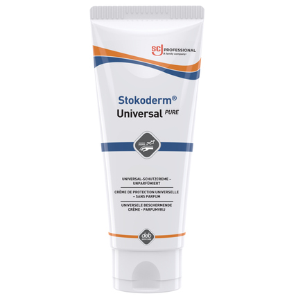 Hautschutzcreme in einer 0,1 l Tube mit blauer und orangefarbener Beschriftung.