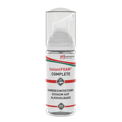 Handdesinfektionsmittel in Pumpflasche mit Schaum, farblos und mit Hygienehinweisen.