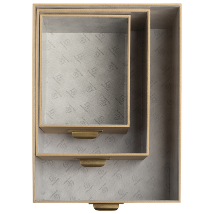 Drei stapelbare Aufbewahrungsboxen in beige mit Etikettenhaltern und innerem Papierbezug.