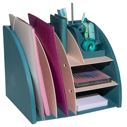 Tischorganizer mit mehreren Fächern zur Aufbewahrung von Dokumenten und Bürobedarf.