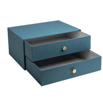 Blaugrüne Schubladenbox mit zwei leichtgängigen Schubladen und goldenem Knopf.