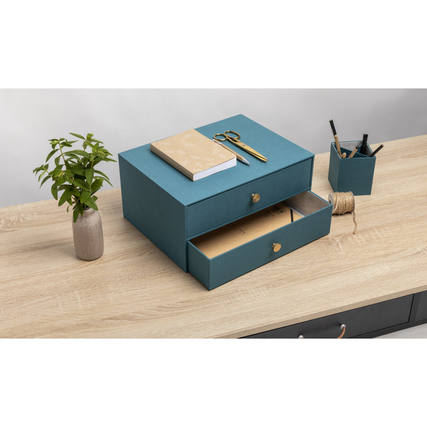 Blaue Schubladenbox mit zwei Schubladen, platziert auf einem Tisch neben Büromaterial und Pflanze.
