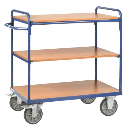 Etagenwagen mit drei variablen Einlegeböden und vier Rollen, zwei davon mit Feststellern.