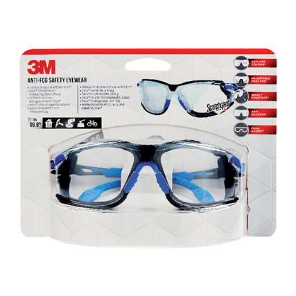 Schutzbrille mit Antibeschlag-Beschichtung in Verpackung, schwarz und blau akzentuiert.