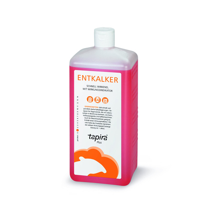 Flasche mit pinkem Etikett, die Entkalker mit beschriftetem Anwendungshinweis zeigt.