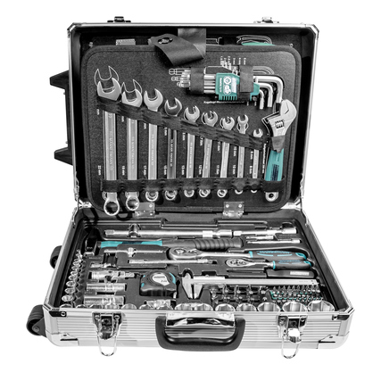 Werkzeugkoffer mit 159 Werkzeugen, geöffnet und in geordneter Anordnung sichtbar.