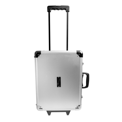 Werkzeugkoffer mit Teleskopgriff und zwei Rollen in Aluminium-Optik, Vorderansicht.