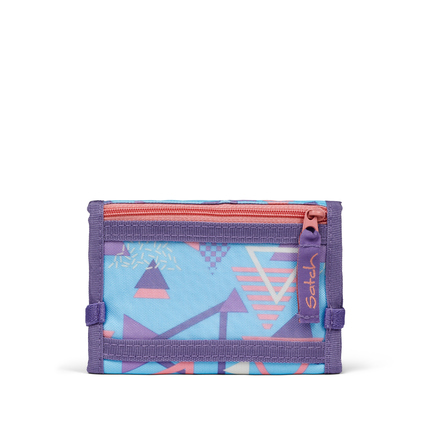 Geldbörse mit geometrischem Muster, zwei Fächern und Reißverschluss in lila und pink.