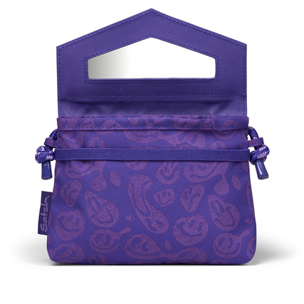 Lila Handtasche mit integriertem Spiegel und Kordelzug, gemustert mit bunten Motiven.