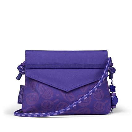 Lila Handtasche mit integriertem Spiegel und verstellbarem Schultergurt im Produktbild.