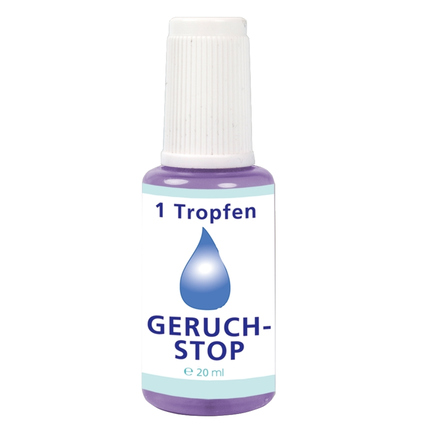Flasche mit 20 ml WC-Duftöl 'Geruch-STOP' in lila mit Tropfaufsatz und blauer Tropfenabbildung.