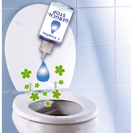 Flasche mit WC-Duftöl über einer Toilettenschüssel, umgeben von grafischen Blüten und Tropfen.