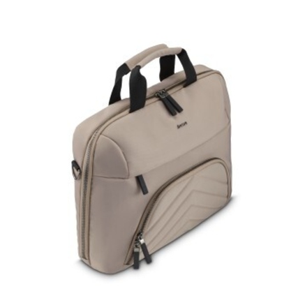 Beige Notebooktasche mit zwei Griffen und mehreren Fächern für Organisation, seitliche Ansicht.