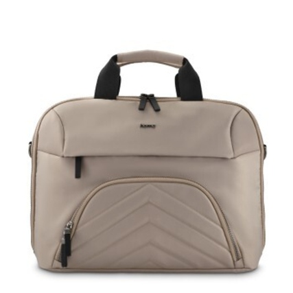 Beige Notebooktasche mit zwei Griffen und verschiedenen Fächern für optimale Organisation.