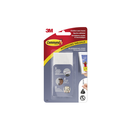 Verpackung von Command Klebepad L mit Montageanleitung auf einem roten und grauen Hintergrund.
