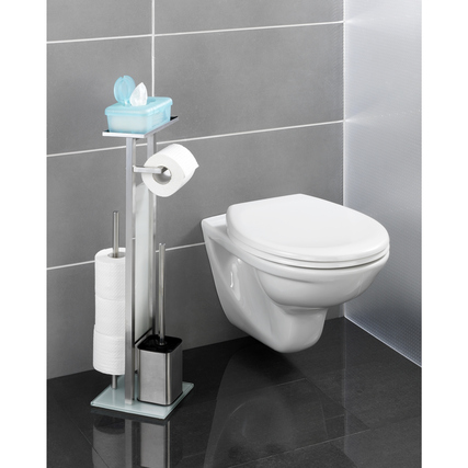 WC-Garnitur mit Halter für Toilettenpapier und Platz für Zubehör an einer Wand.