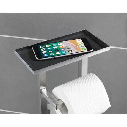 WC-Garnitur mit Ablage für Smartphone und Papierrolle, in einem modernen Badezimmer.