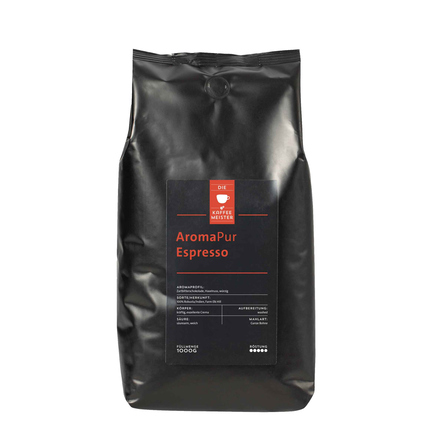 Schwarze 1.000 g-Packung mit Espresso-Bohnen und Informationslabel in der Mitte.