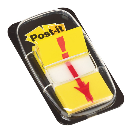 Gelbe Post-it Haftstreifen mit Ausrufezeichensymbol in einer transparenten Verpackung.