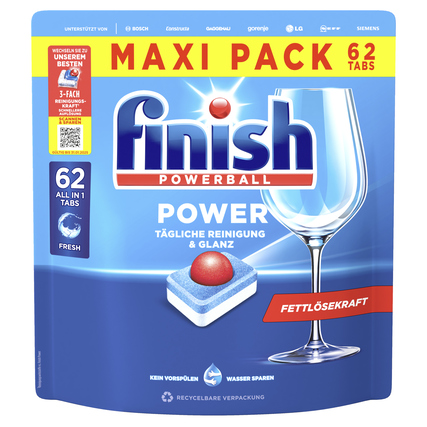 Packung mit 62 Spülmaschinentabs in der Geschmacksrichtung Regular und einem frischen Design.