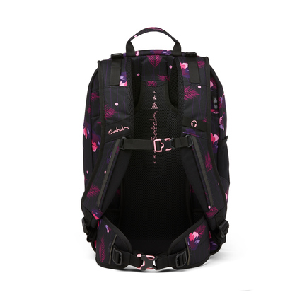 Rückansicht eines Satch Schulrucksacks mit buntem Blumenmuster und verstellbaren Gurten.