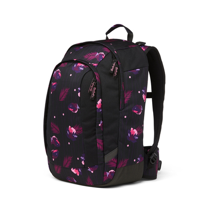 Schulrucksack mit Blumenmuster in Schwarz und Pink, seitliche Ansicht.