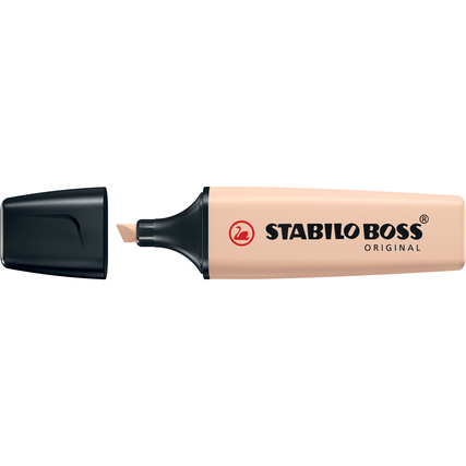 Textmarker in beige mit Kappe, offen und mit spitzem Farbkopf für Markierungen.