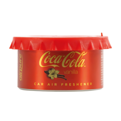 Runde Dose mit rotem Deckel und Coca-Cola Vanilla Aufdruck, die als Lufterfrischer dient.
