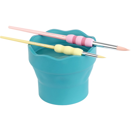 Türkisfarbener Pinselbecher mit Wellenrand, gefüllt mit Pinsel, auf einem weißen Hintergrund.