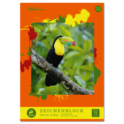 Zeichenblock im DIN A3 Format mit buntem Design und Abbildung eines Tukan-Vogels.